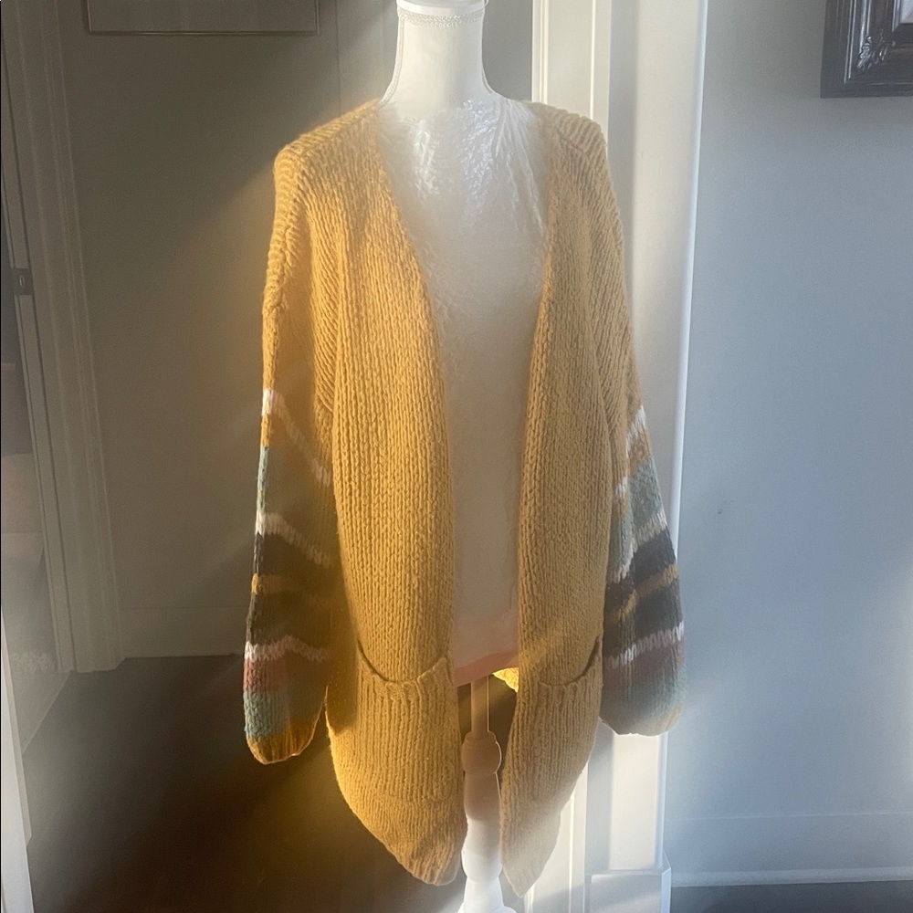 DAVI & DANI Mustard Cardigan with Striped Sleeves